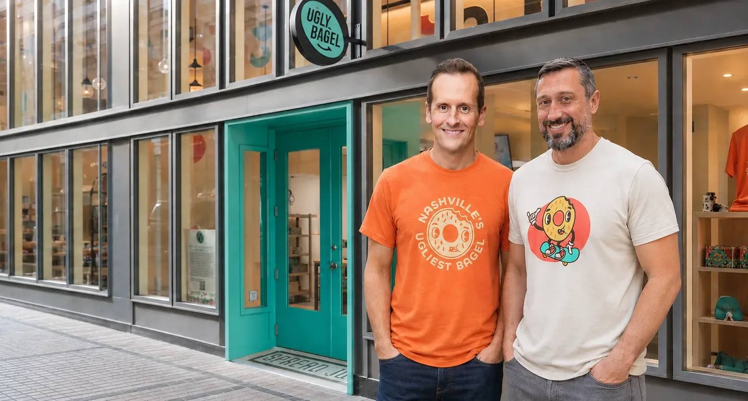 Ugly Bagel founders Jeff Crabiel and Jake Strang outside the Nashville shop