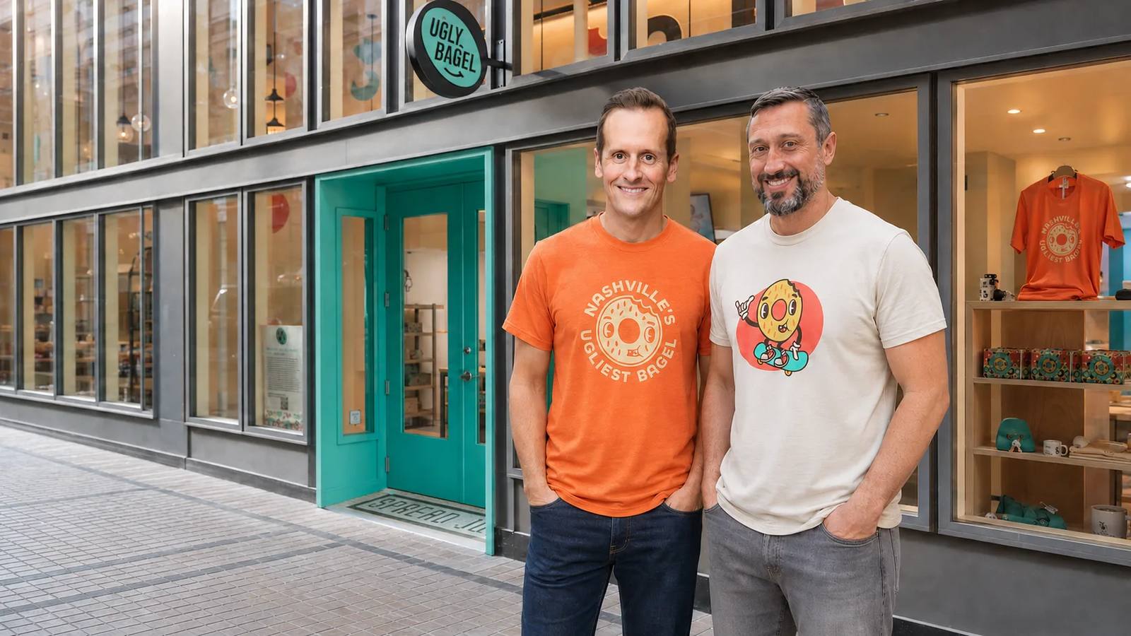 Ugly Bagel founders Jeff Crabiel and Jake Strang outside the Nashville shop